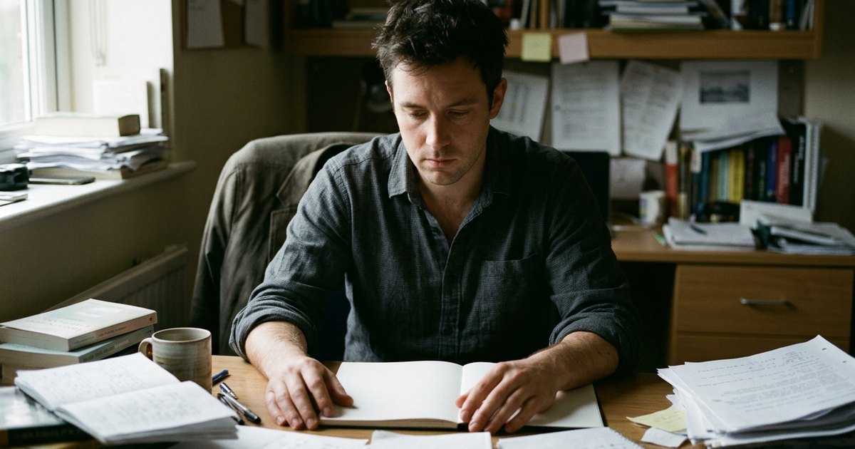 A man sits at a cluttered desk in the morning, looking at a blank notebook page.