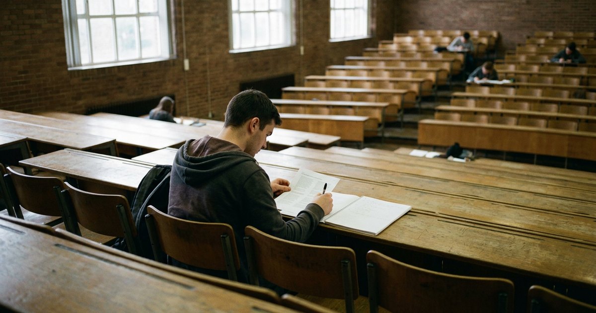 A student sits near the back of a lecture hall, checking notes against a printed sheet.