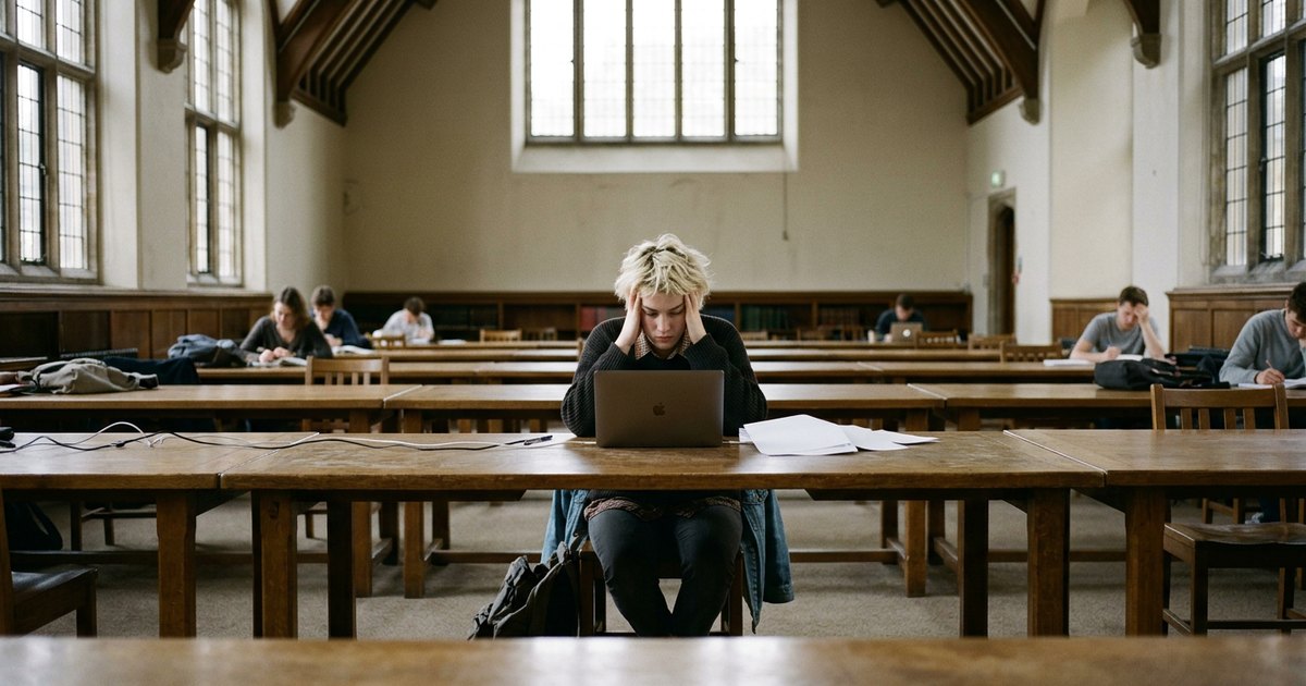 Young woman with bleached hair sits small at a table in a large library reading room.