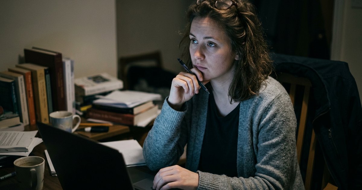 A woman at a desk at night, lit by a laptop screen, pen to her chin, reading her own words.