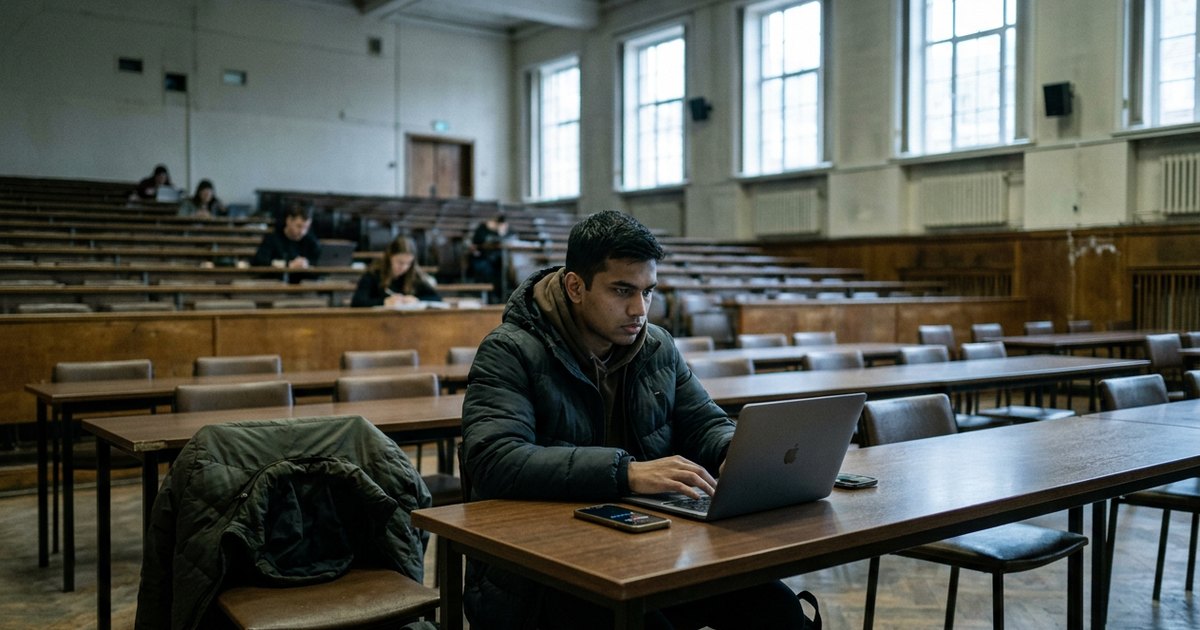 A student in a puffer jacket sits with a laptop in a large lecture hall, seen from behind.