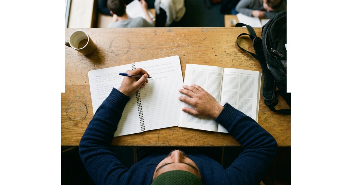 Overhead view of hands writing in a notebook beside a printed source article on a table.