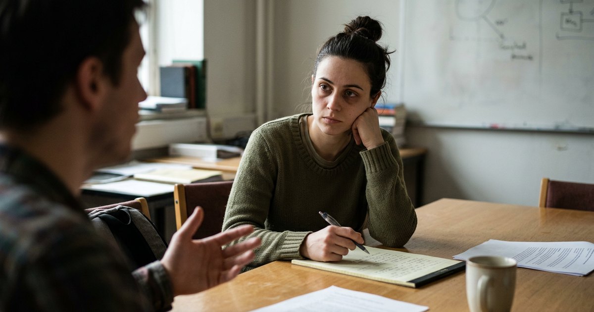 A tired doctoral student listens across a table as someone speaks, notes in front of her.