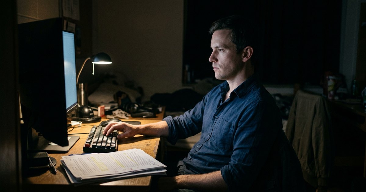 Man in his thirties works late at a lamp-lit desk surrounded by annotated source papers.